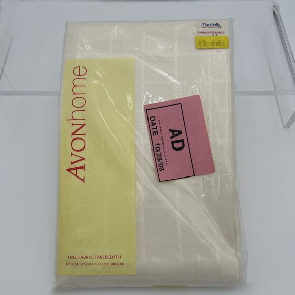 NOS Avon Home Fabric Tablecloth 60" X 84" oblong Cream Square Pattern - Picture 2 of 7